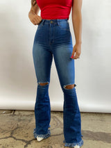 Farrah Denim Distressed High Waisted Flares - Medium Wash From Willow Boutique