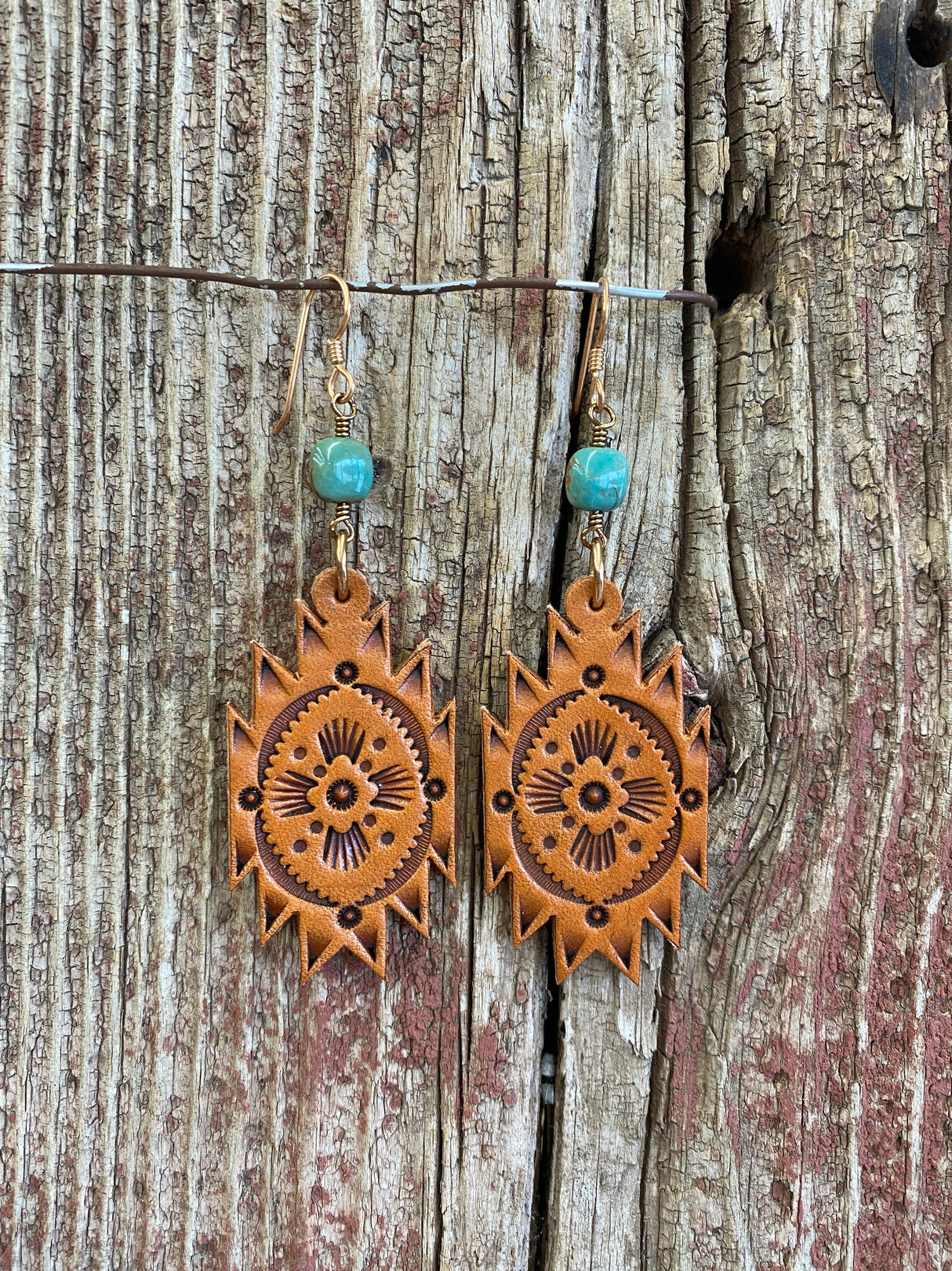17161 Stamped Leather Aztec w/Turquoise Earrings
