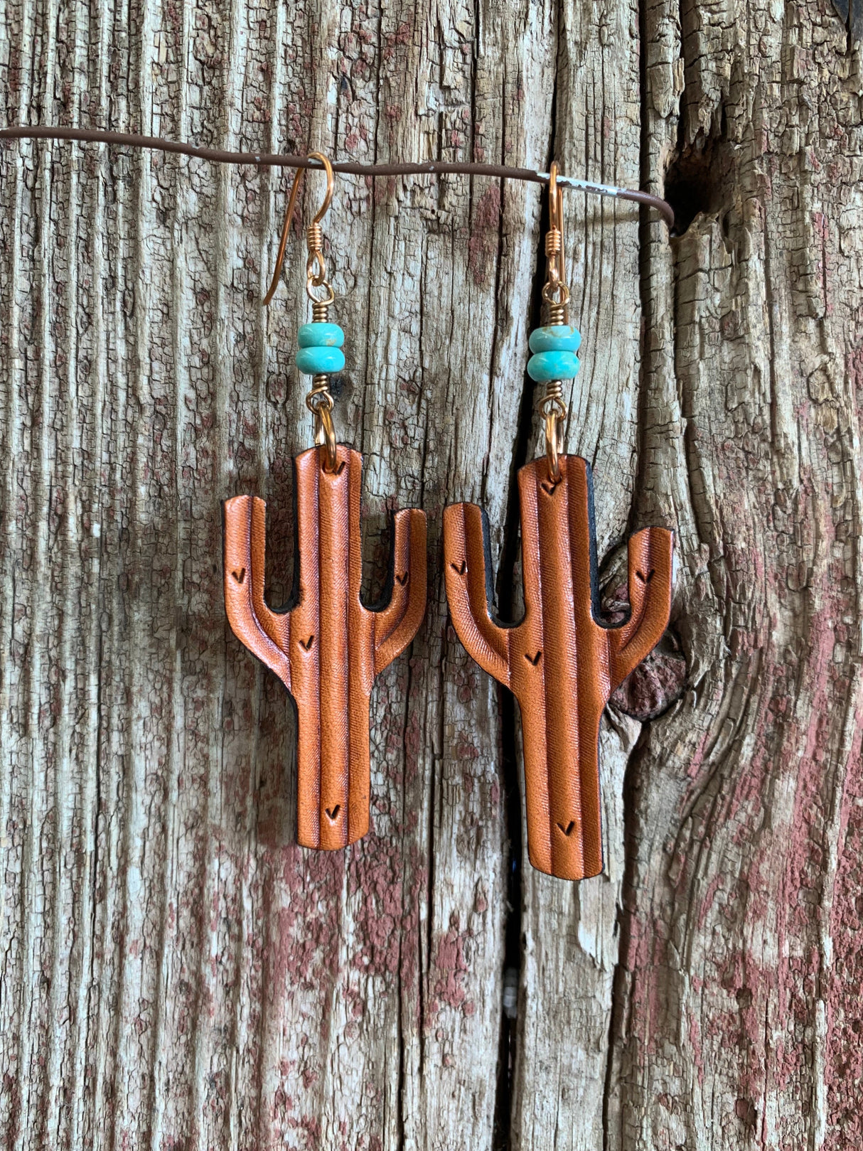 13982 Lthr Saguaro w/Turq Earrings from J.Forks Designs