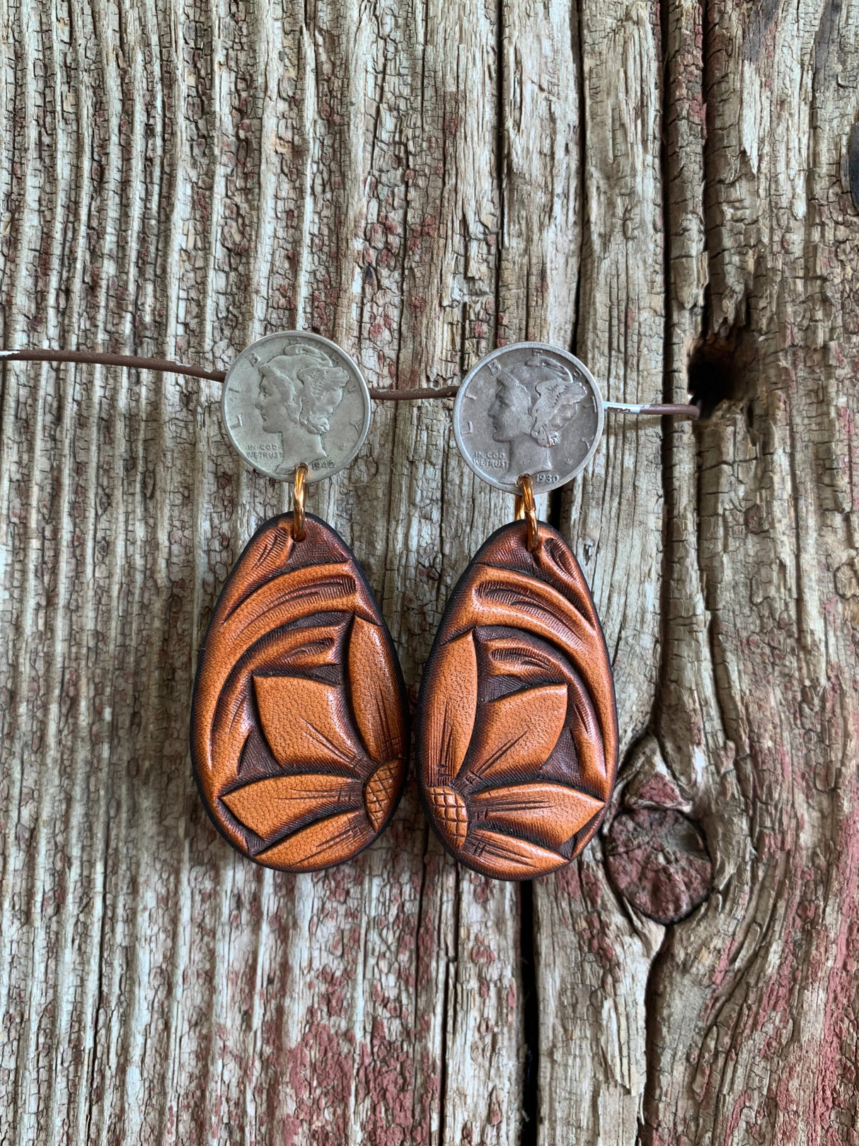 15812 Mercury Dime Stud w/Tooled Teardrop Earring from J.Forks Designs