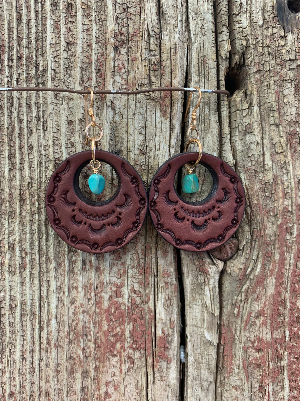 16759 Stamped Leather Circle w/Turquoise Earrings from J.Forks Designs