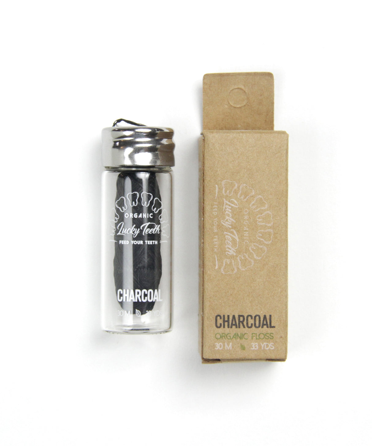 Organic Bamboo Dental Floss - Activated Charcoal Floss in Glass Jar 30m / 33 yds from Lucky Teeth