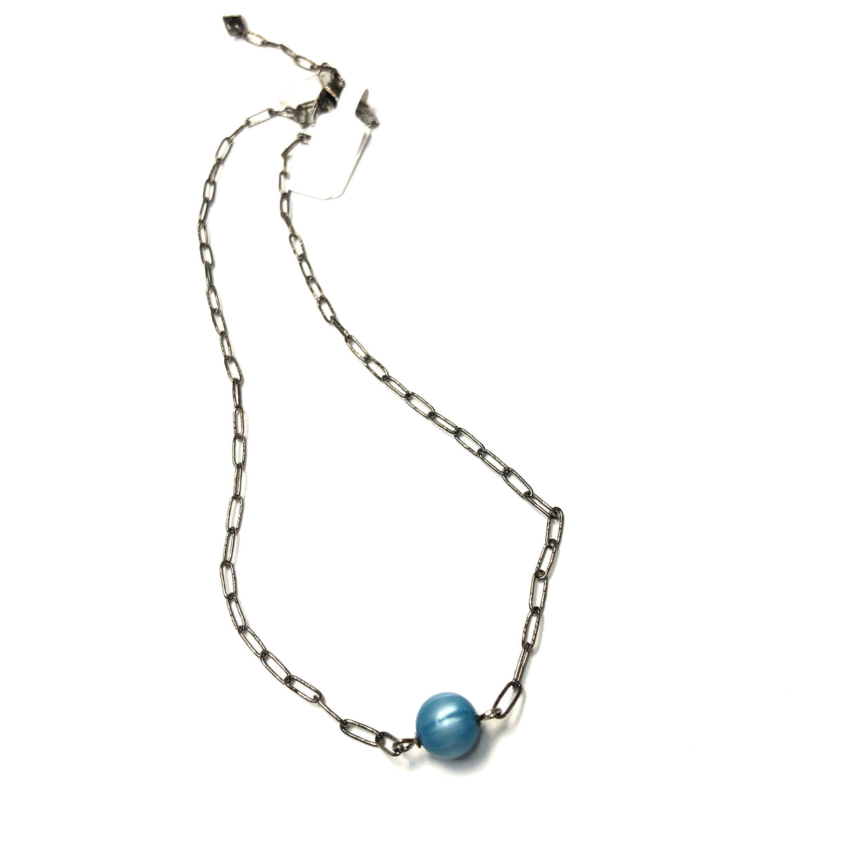 Aqua Blue Stripe Moonglow Bauble Paperclip Necklace from Leetie Lovendale