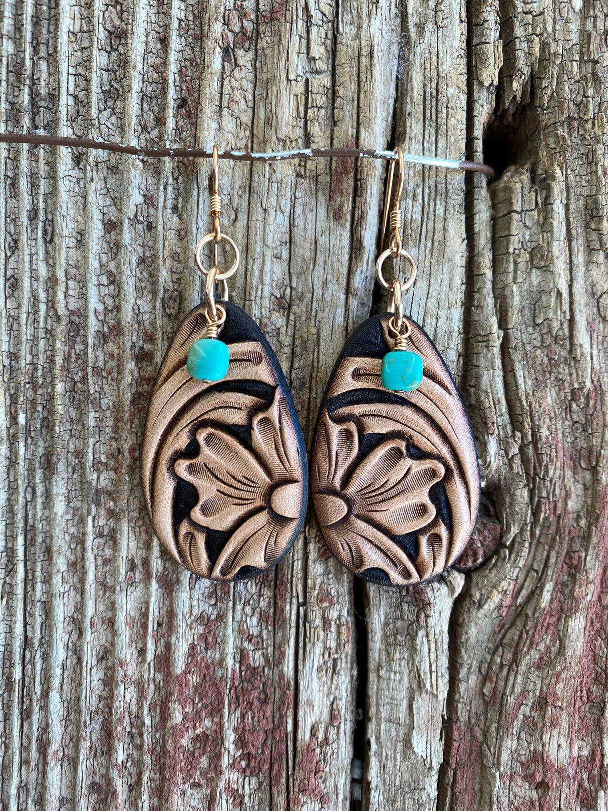 17204 Two Tone Sheridan Flower Teardrop w/Turquoise Earring from J.Forks Designs