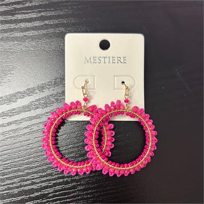 Fuschia Beaded Straw Hoop Earrings