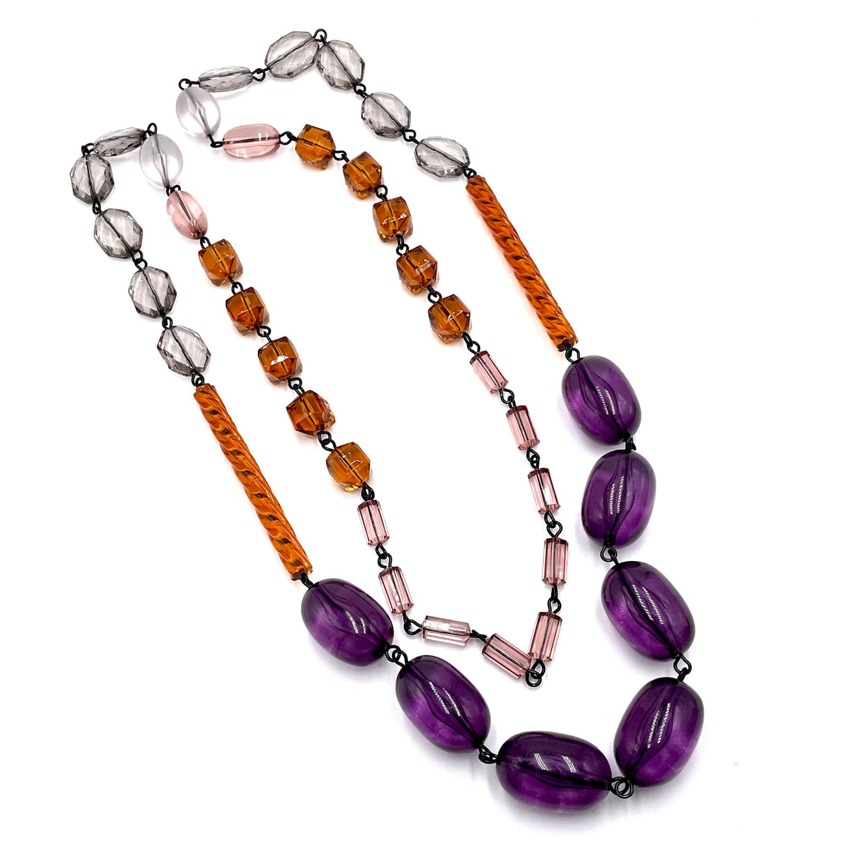 Amethyst & Amber Beaded Rosary Chain Rope Necklace from Leetie Lovendale