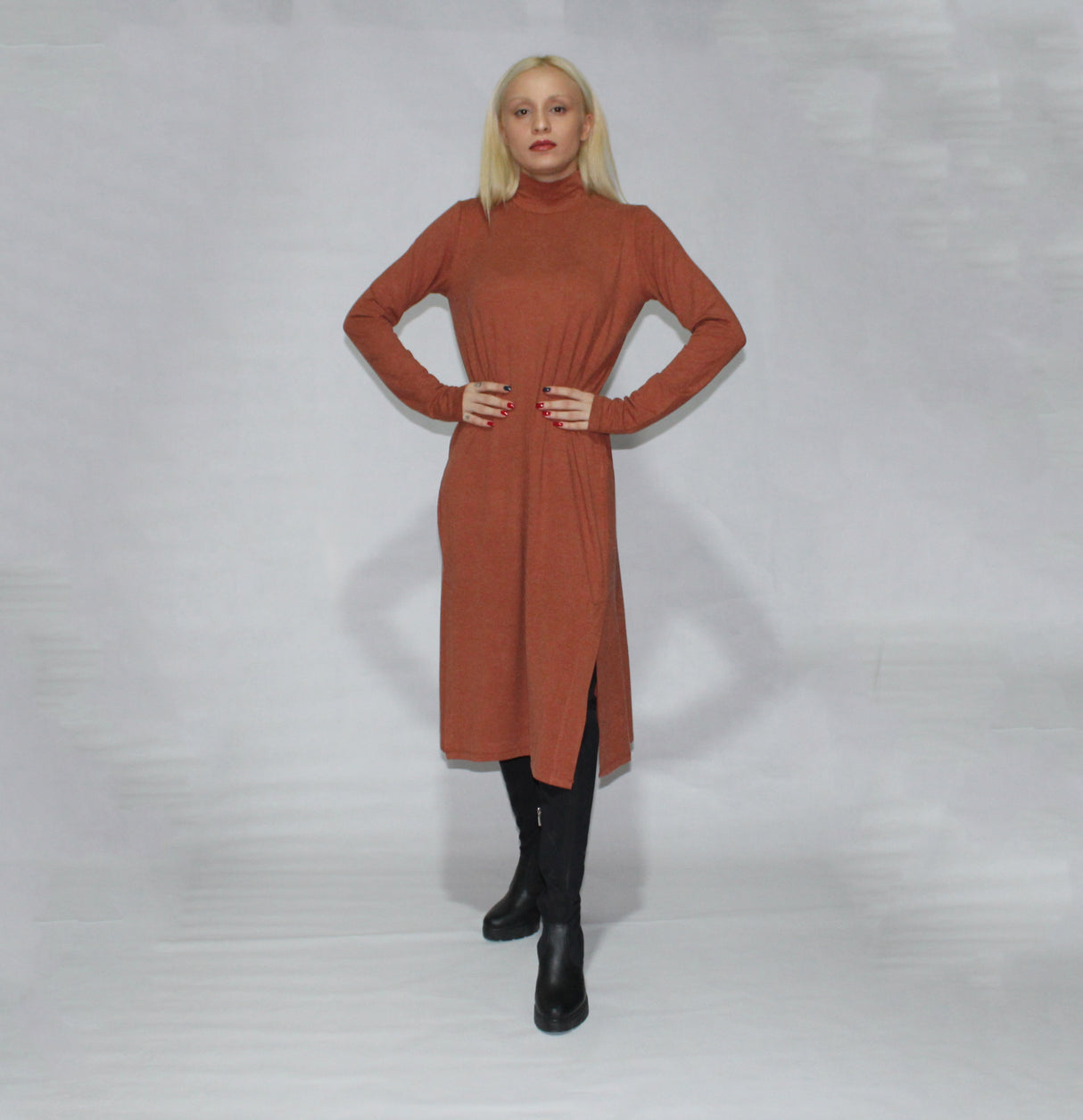 Turtle neck dress long sleeve with side slits from EBRU Home
