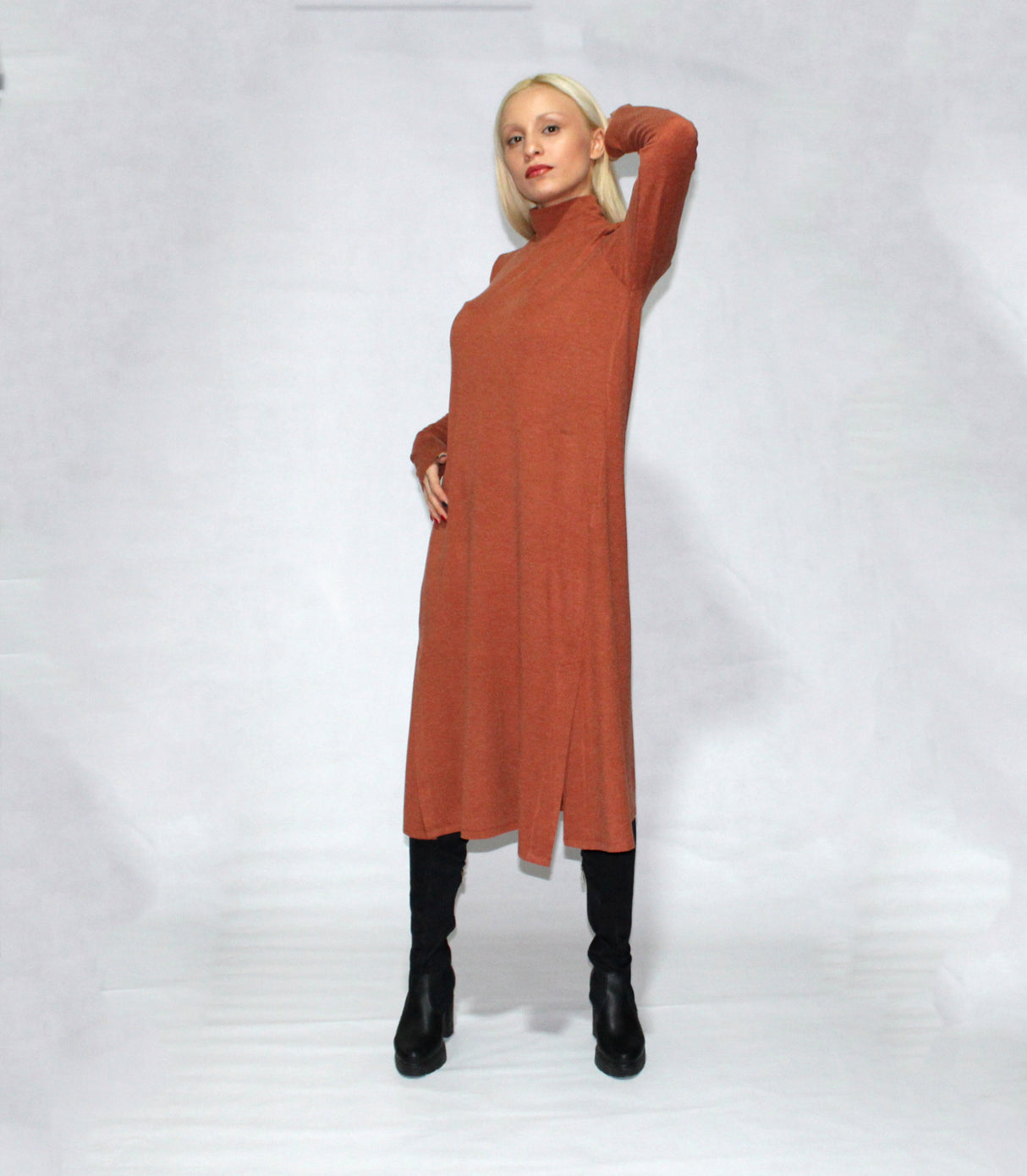 Turtle neck dress long sleeve with side slits from EBRU Home
