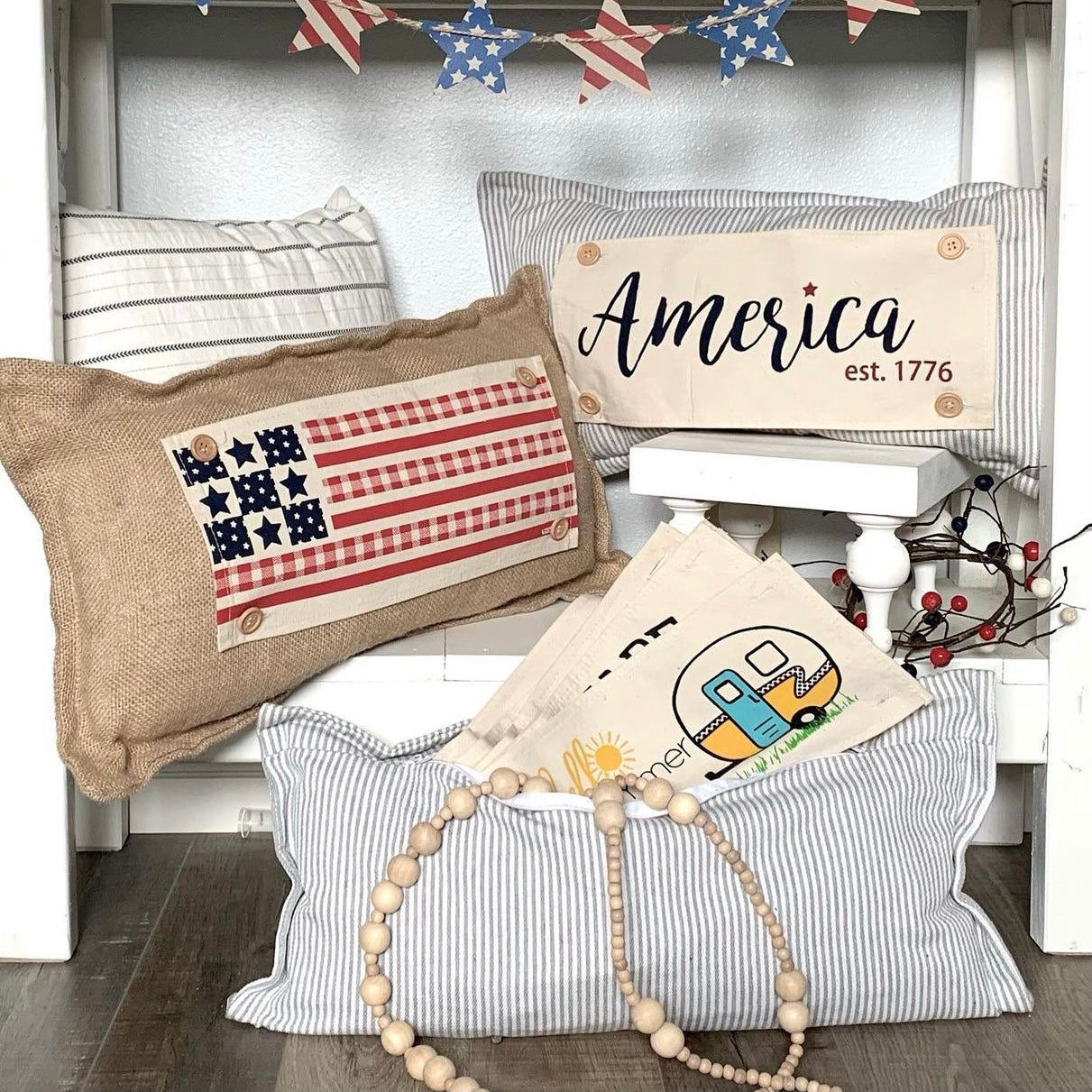 Holiday Panel: Summer, Star, Red, White and Blue, Cursive, Est. Vintage, Farmhouse; AMERICA 1776 From PillowPanels