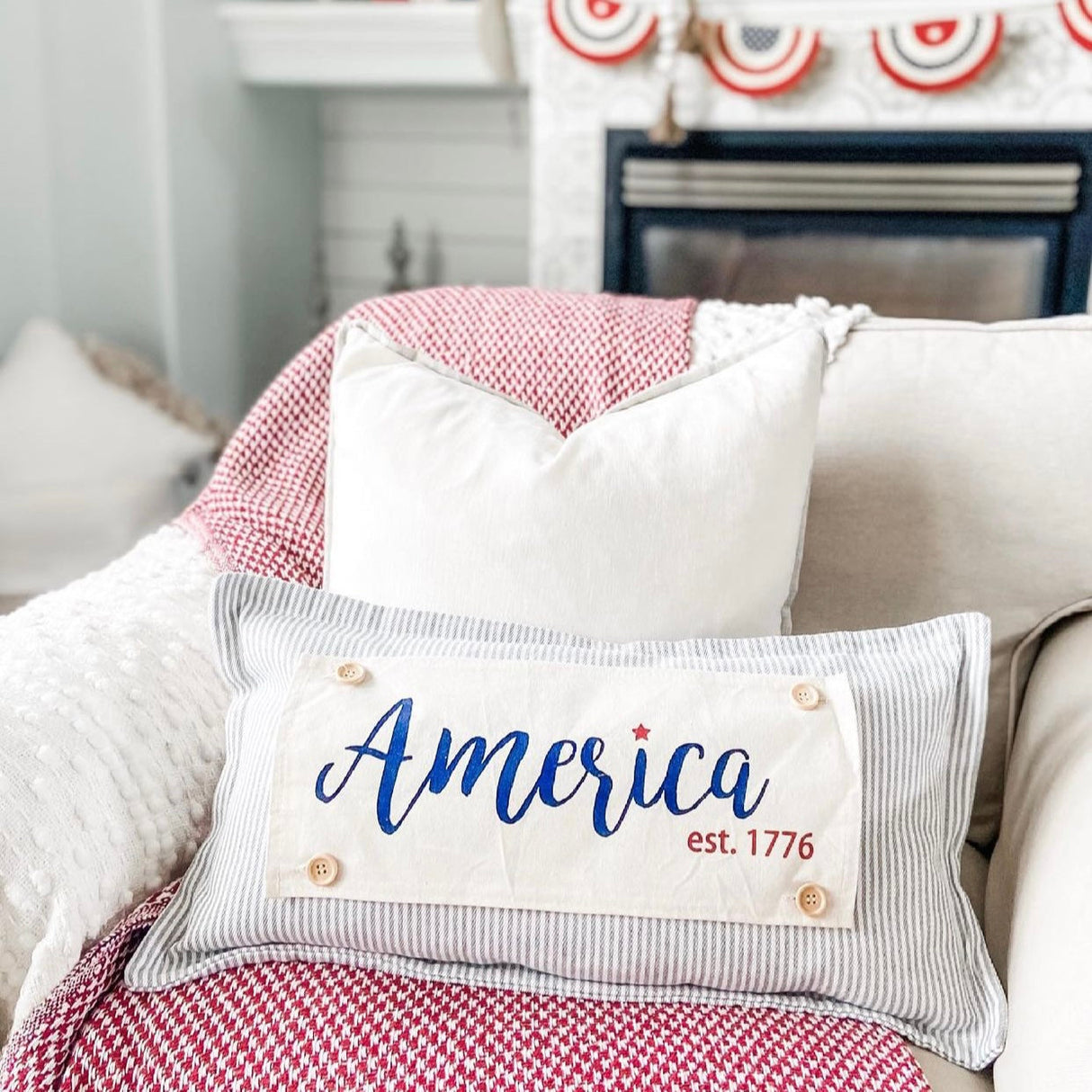 Holiday Panel: Summer, Star, Red, White and Blue, Cursive, Est. Vintage, Farmhouse; AMERICA 1776 From PillowPanels
