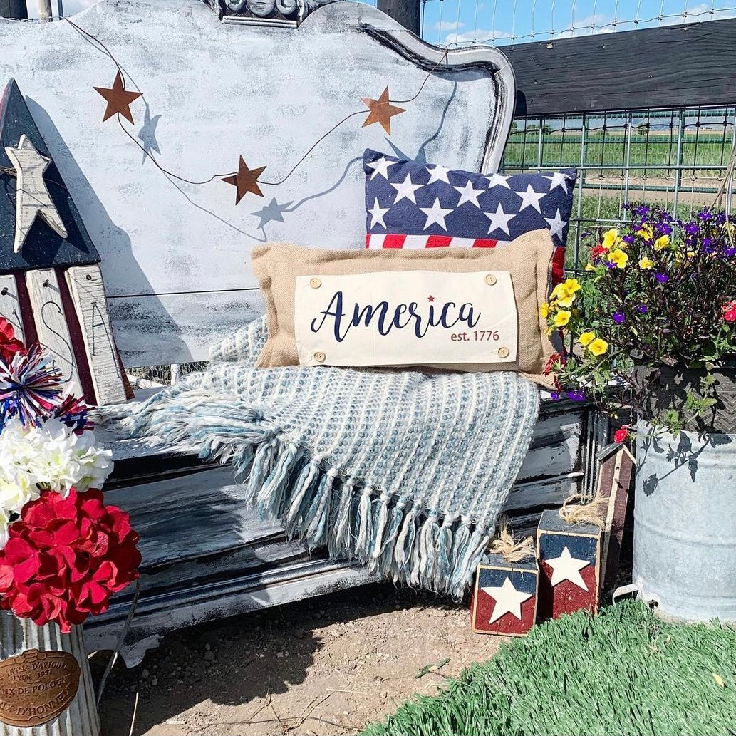Holiday Panel: Summer, Star, Red, White and Blue, Cursive, Est. Vintage, Farmhouse; AMERICA 1776 From PillowPanels