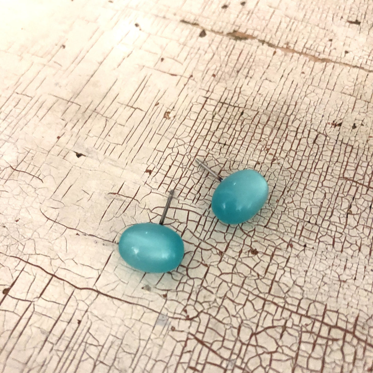 Aqua Blue Green Moonglow Oval Stud Earrings from Leetie Lovendale