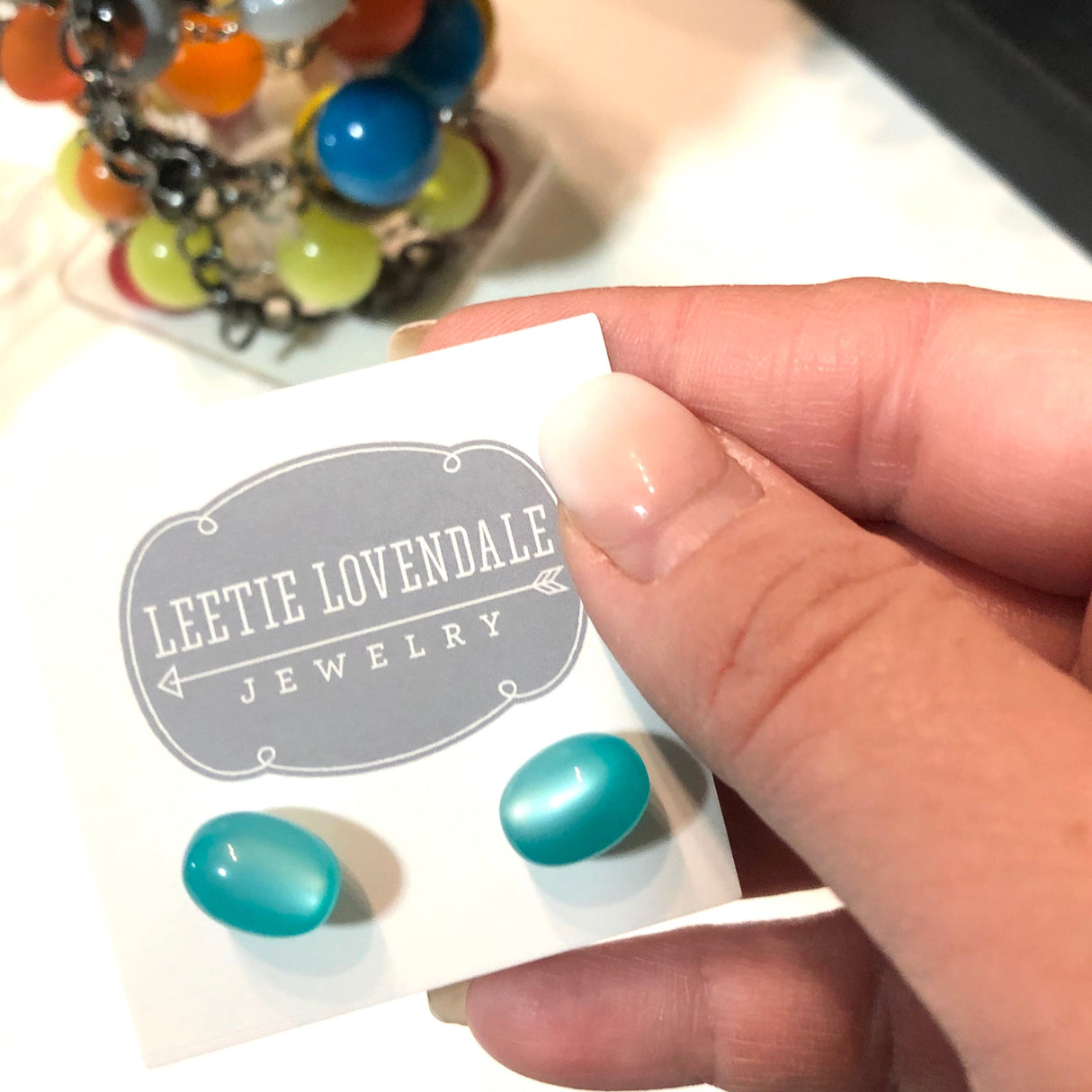 Aqua Blue Green Moonglow Oval Stud Earrings from Leetie Lovendale