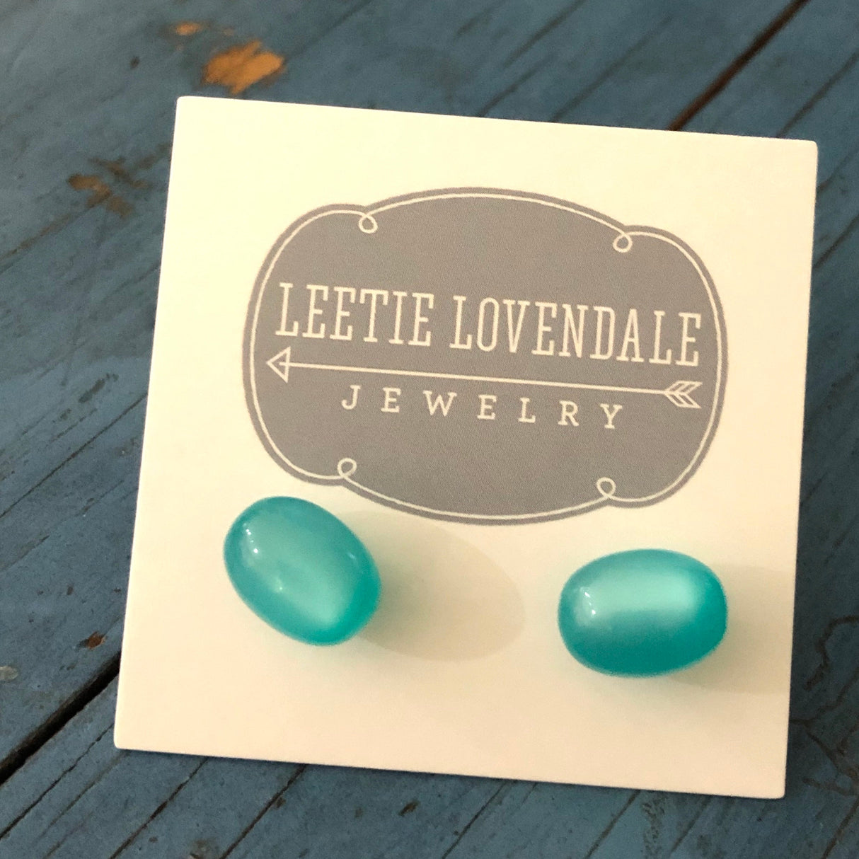 Aqua Blue Green Moonglow Oval Stud Earrings from Leetie Lovendale
