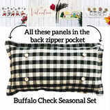 GIFT GUIDE:  FOR THOSE THAT ARE HARD TO BUY FOR!  SEASONAL SET: Buffalo Check Gingham Pillow (comes w/ foam insert & these 4 panels in back pocket)  SUNFLOWERS, SNOWMAN SCARVES, BE MY VALENTINE, SUMMER VINTAGE CAMPER From PillowPanels