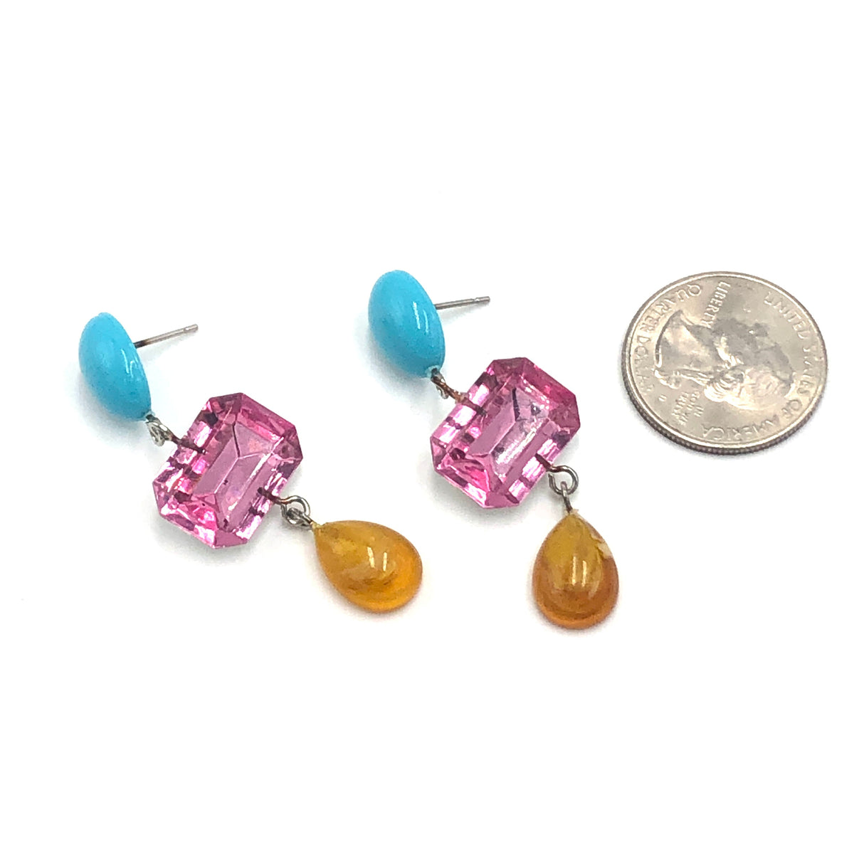 Amber & Turquoise with Pink Shine Trinket Earrings from Leetie Lovendale