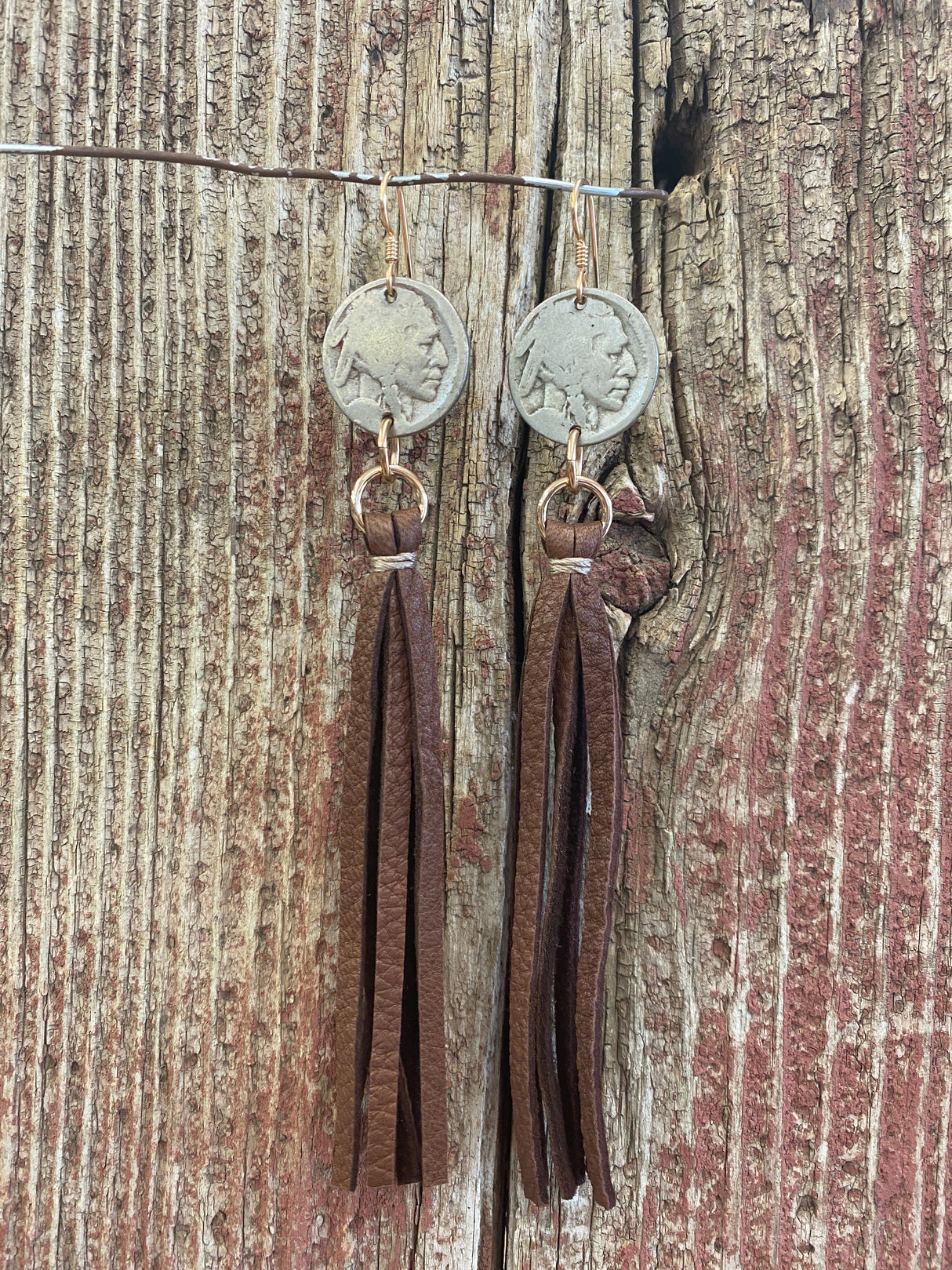 17109 Buffalo Nickel w/Leather Tassel Earrings