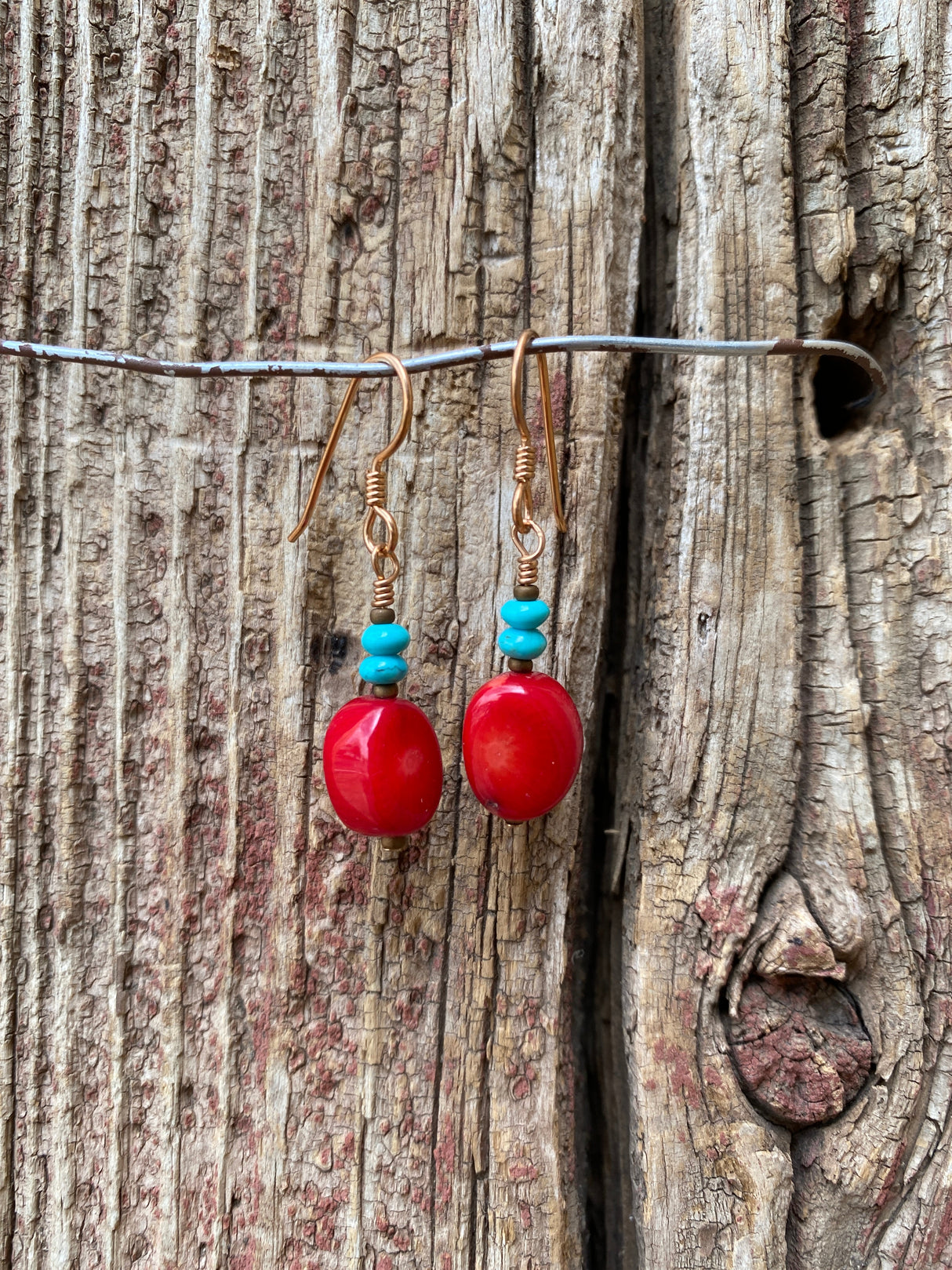 17293 Coral w/Turquoise Drop Earrings from J.Forks Designs