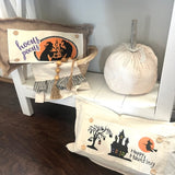 Holiday Panel: Halloween October 31st Fall Autumn Bats Flying Witch Dead Tree Mansion; HAPPY HAUNTING HAUNTED HOUSE From PillowPanels