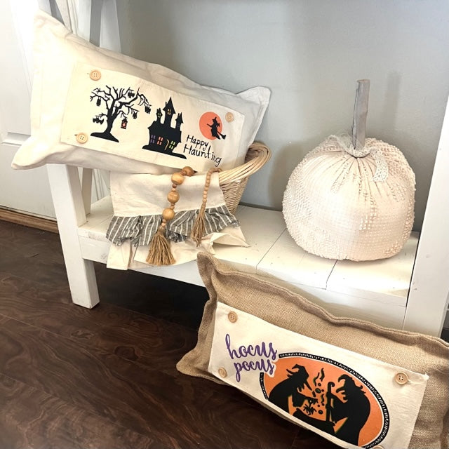 Holiday Panel: Halloween October 31st Fall Autumn Bats Flying Witch Dead Tree Mansion; HAPPY HAUNTING HAUNTED HOUSE From PillowPanels