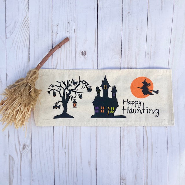 Holiday Panel: Halloween October 31st Fall Autumn Bats Flying Witch Dead Tree Mansion; HAPPY HAUNTING HAUNTED HOUSE From PillowPanels