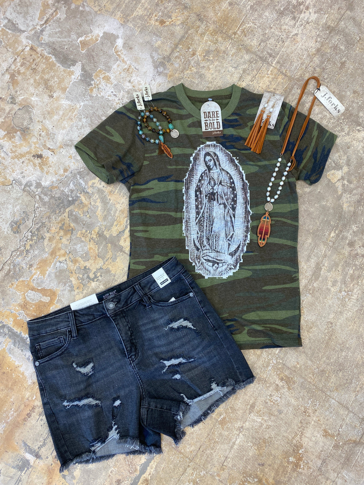 1689 Lady of Guadalupe on Camo Tee from J.Forks Designs