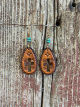 17163 Cut Out Cross Leather Teardrop Earring