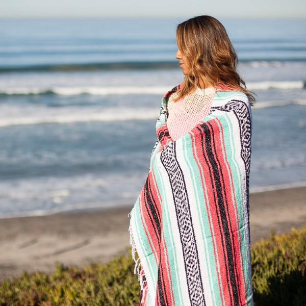Seafoam Green & Coral Mexican Falsa Blanket From West Path