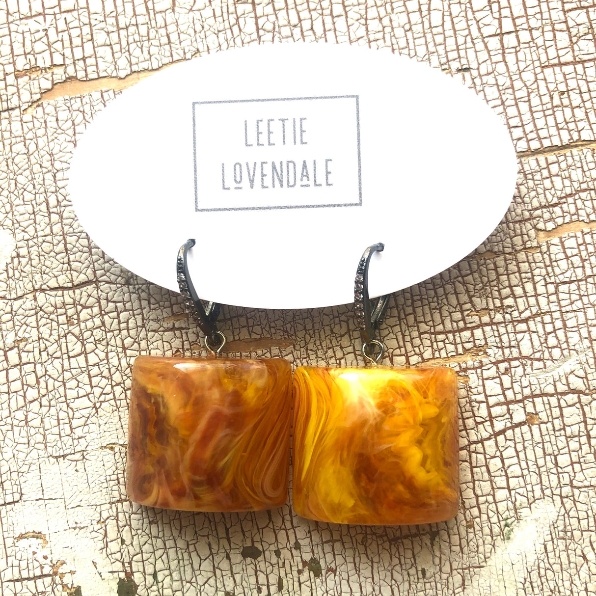 Amber Honey Marbled Moonglow Cube & CZ Bling Drop Earrings from Leetie Lovendale
