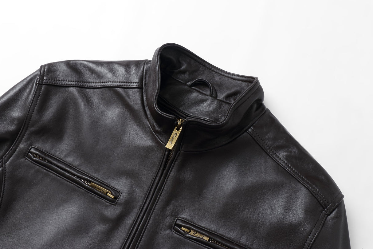 REED EST. 1950 Men's Jacket Genuine Lambskin Leather Stand UP Collar Winners Coat - Imported from Reed Leather