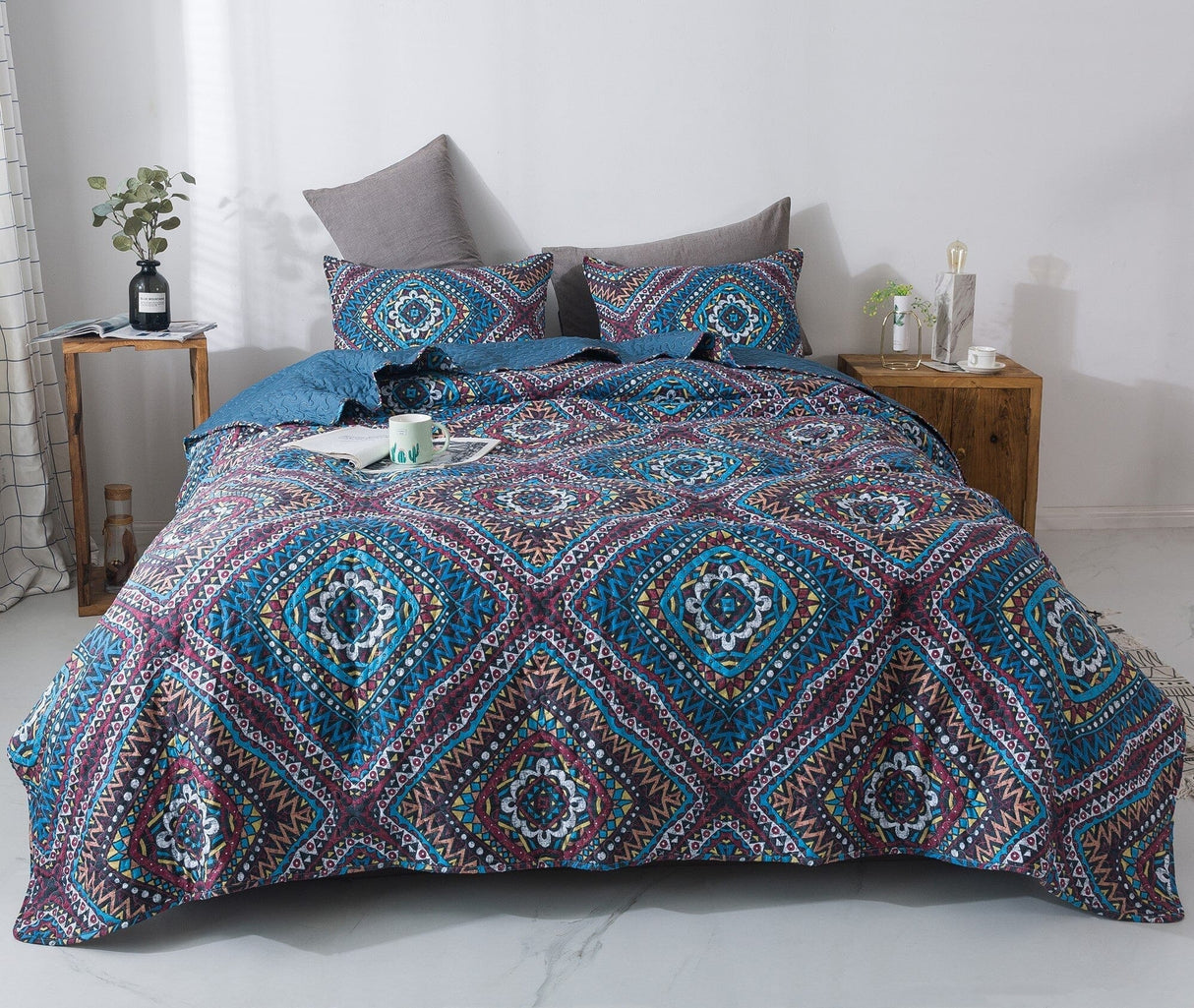 DaDa Bedding Farmhouse Bohemian Native Rustic Navy Blue Geometric Diamond Shapes Bedspread Set (KSX-001) from DaDalogy Bedding Collection