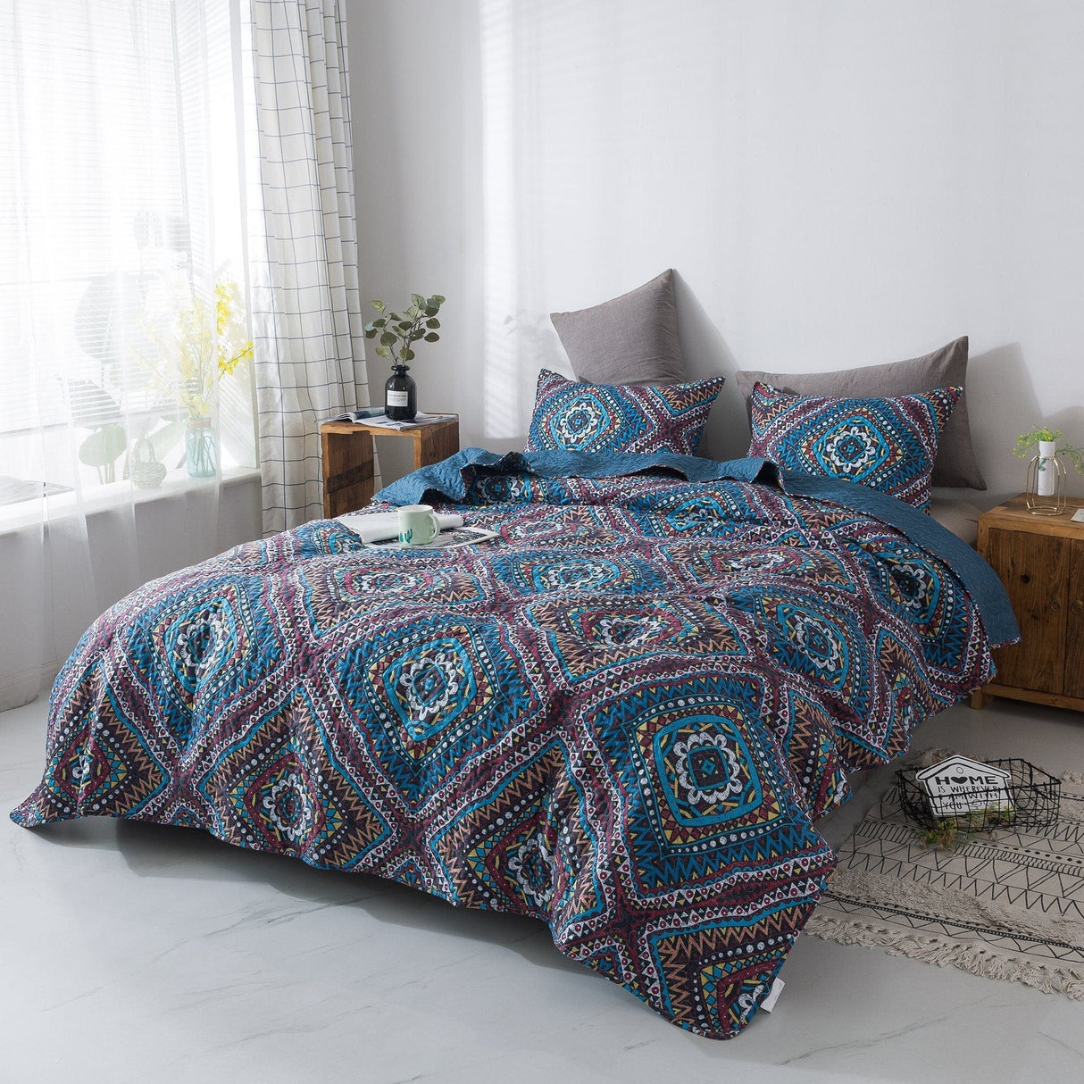DaDa Bedding Farmhouse Bohemian Native Rustic Navy Blue Geometric Diamond Shapes Bedspread Set (KSX-001) from DaDalogy Bedding Collection