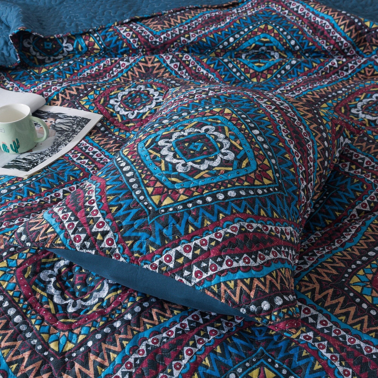 DaDa Bedding Farmhouse Bohemian Native Rustic Navy Blue Geometric Diamond Shapes Bedspread Set (KSX-001) from DaDalogy Bedding Collection