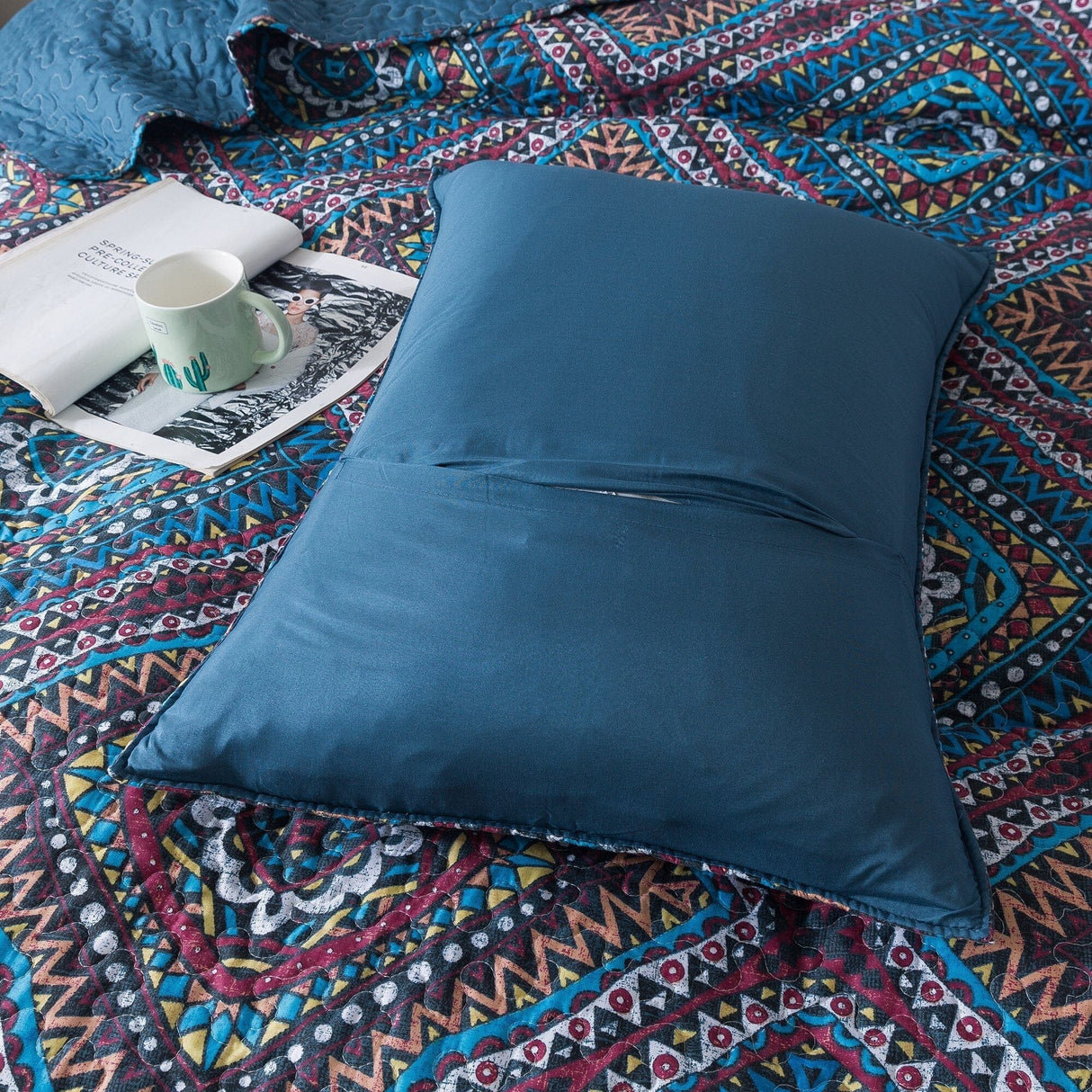 DaDa Bedding Farmhouse Bohemian Native Rustic Navy Blue Geometric Diamond Shapes Bedspread Set (KSX-001) from DaDalogy Bedding Collection