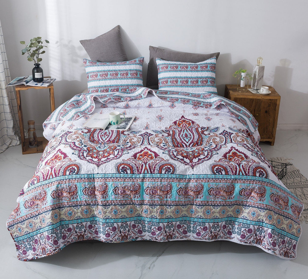 DaDa Bedding Bohemian Summertime White Blue Floral Paisley Bedspread Set (KSX-003) from DaDalogy Bedding Collection