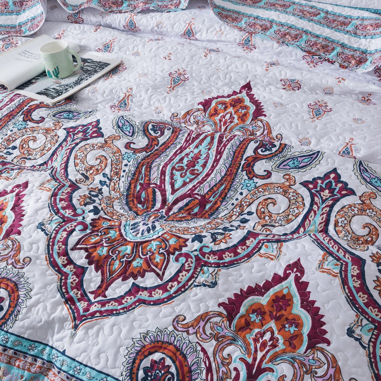 DaDa Bedding Bohemian Summertime White Blue Floral Paisley Bedspread Set (KSX-003) from DaDalogy Bedding Collection