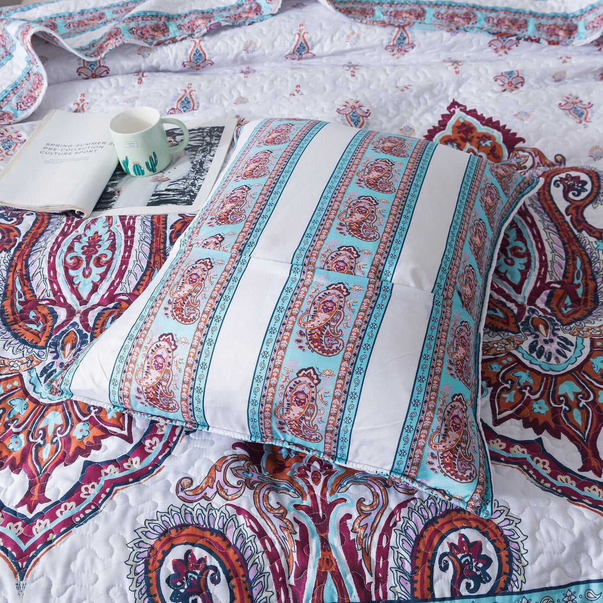 DaDa Bedding Bohemian Summertime White Blue Floral Paisley Bedspread Set (KSX-003) from DaDalogy Bedding Collection