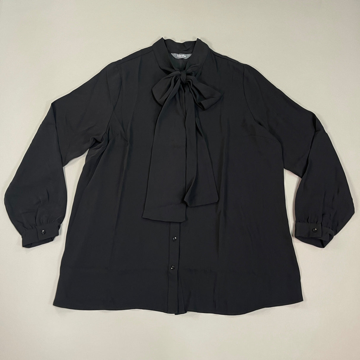 MARTHA STEWART Woven Front Button Blouse Top Tie Neck Women's Sz L Francesca Black (New) from PayWut