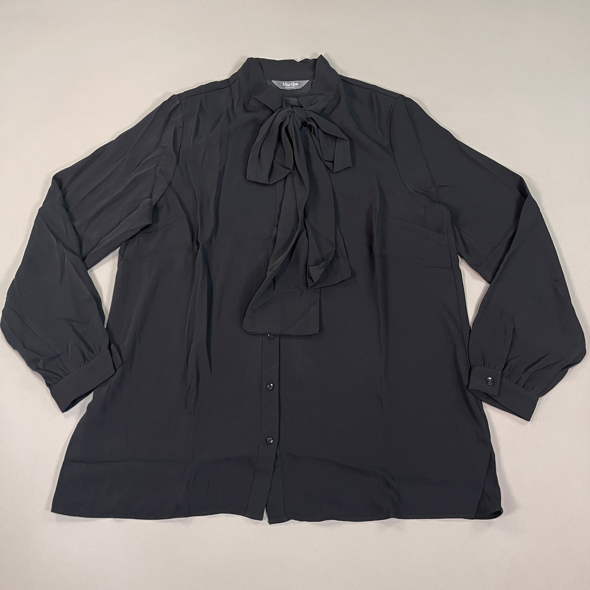 MARTHA STEWART Woven Front Button Blouse Top Tie Neck Women's Sz M Black (New) from PayWut