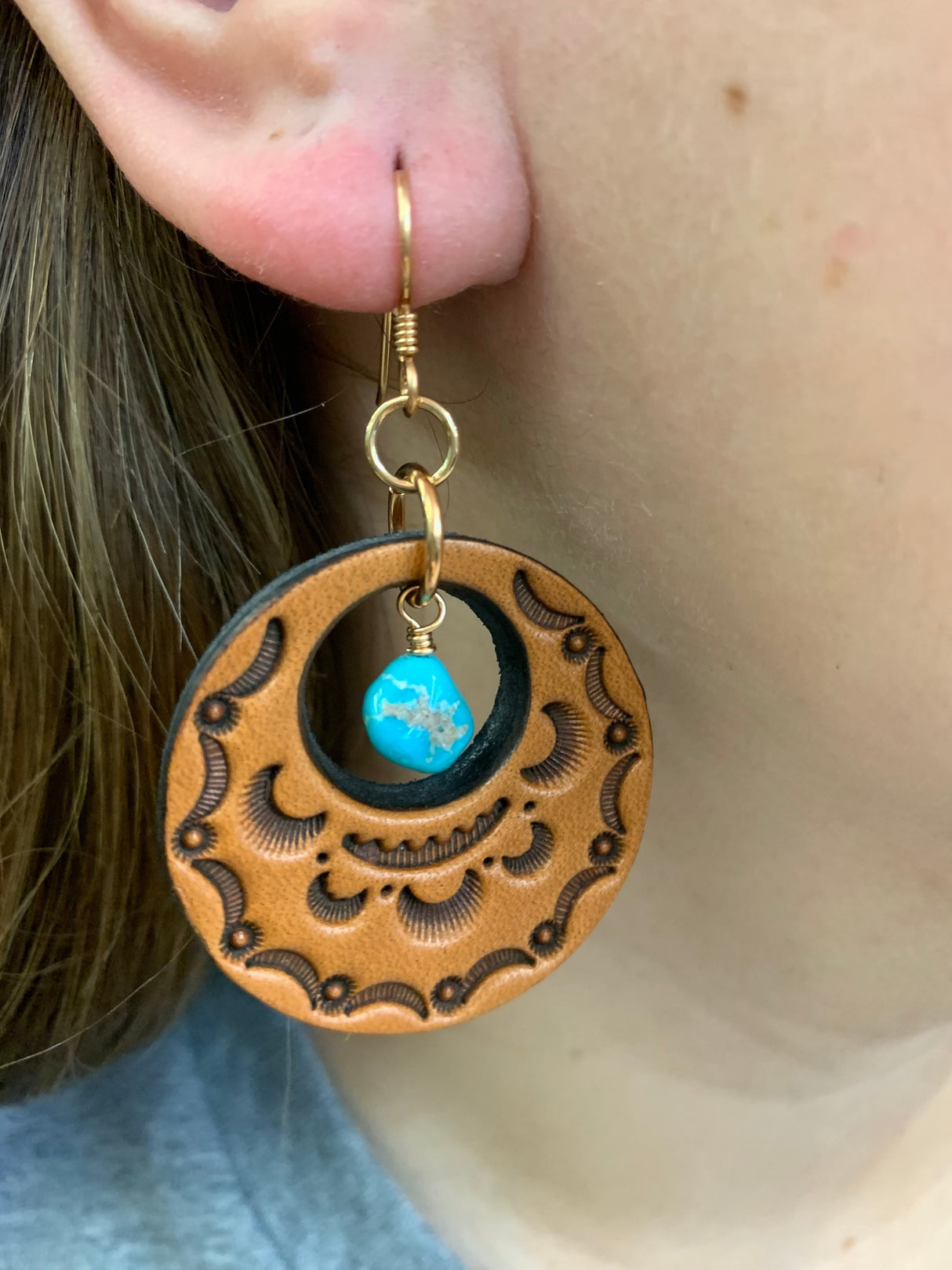 16759 Stamped Leather Circle w/Turquoise Earrings from J.Forks Designs