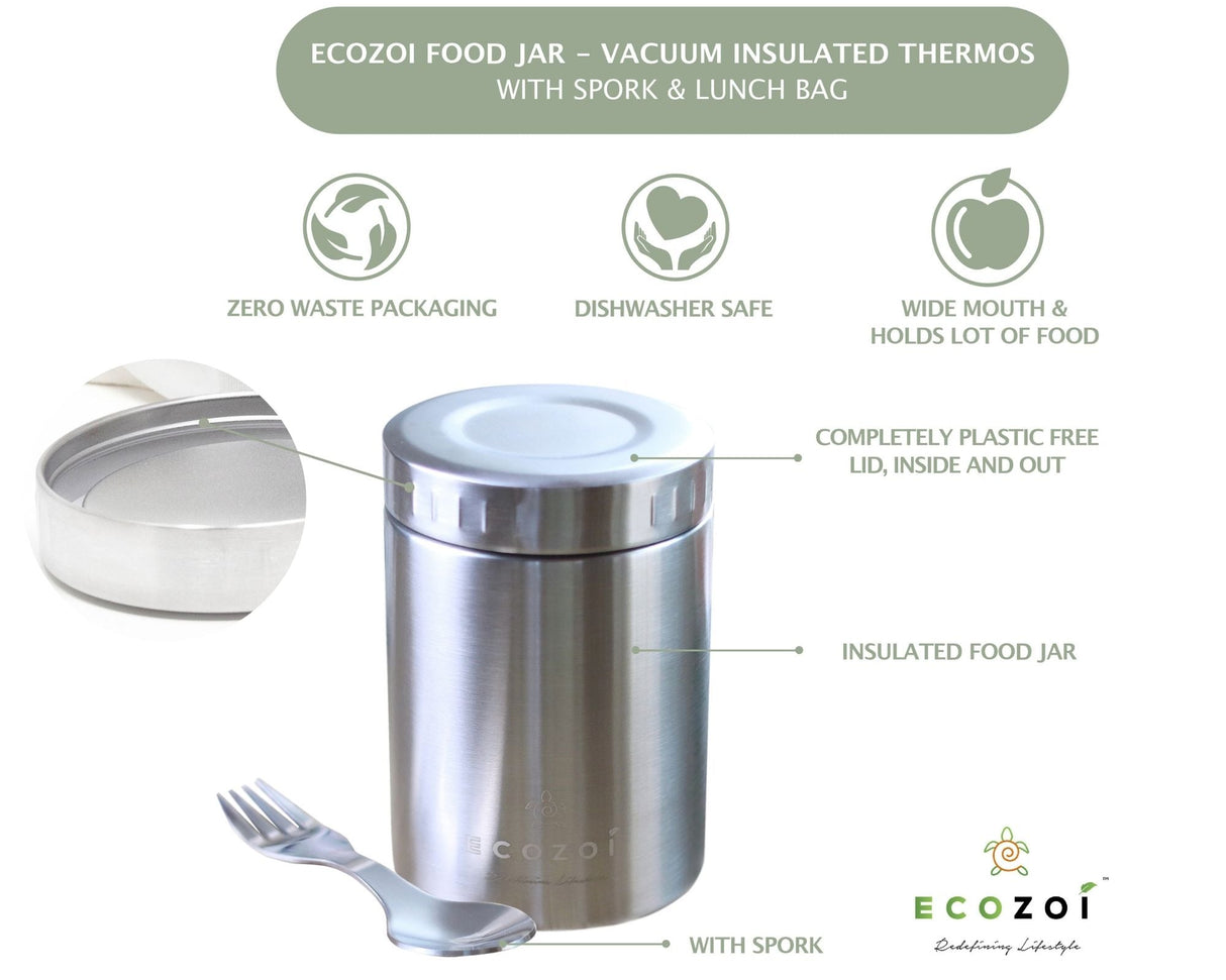 17 oz Eco-Friendly Stainless Steel Insulated Food Jar with Spork & Lunch Bag from ecozoi