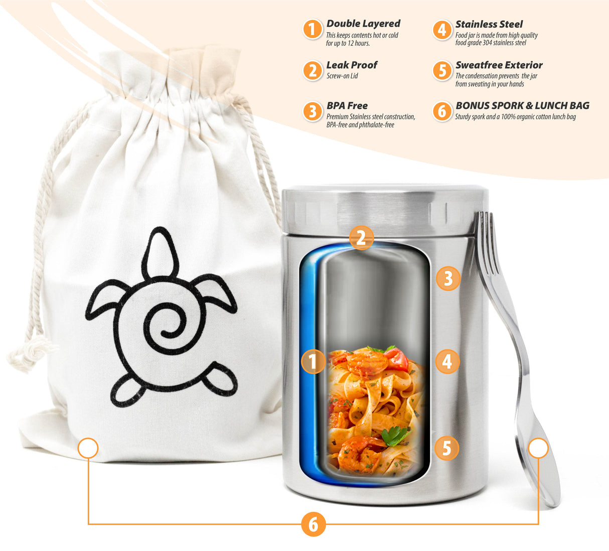 17 oz Eco-Friendly Stainless Steel Insulated Food Jar with Spork & Lunch Bag from ecozoi