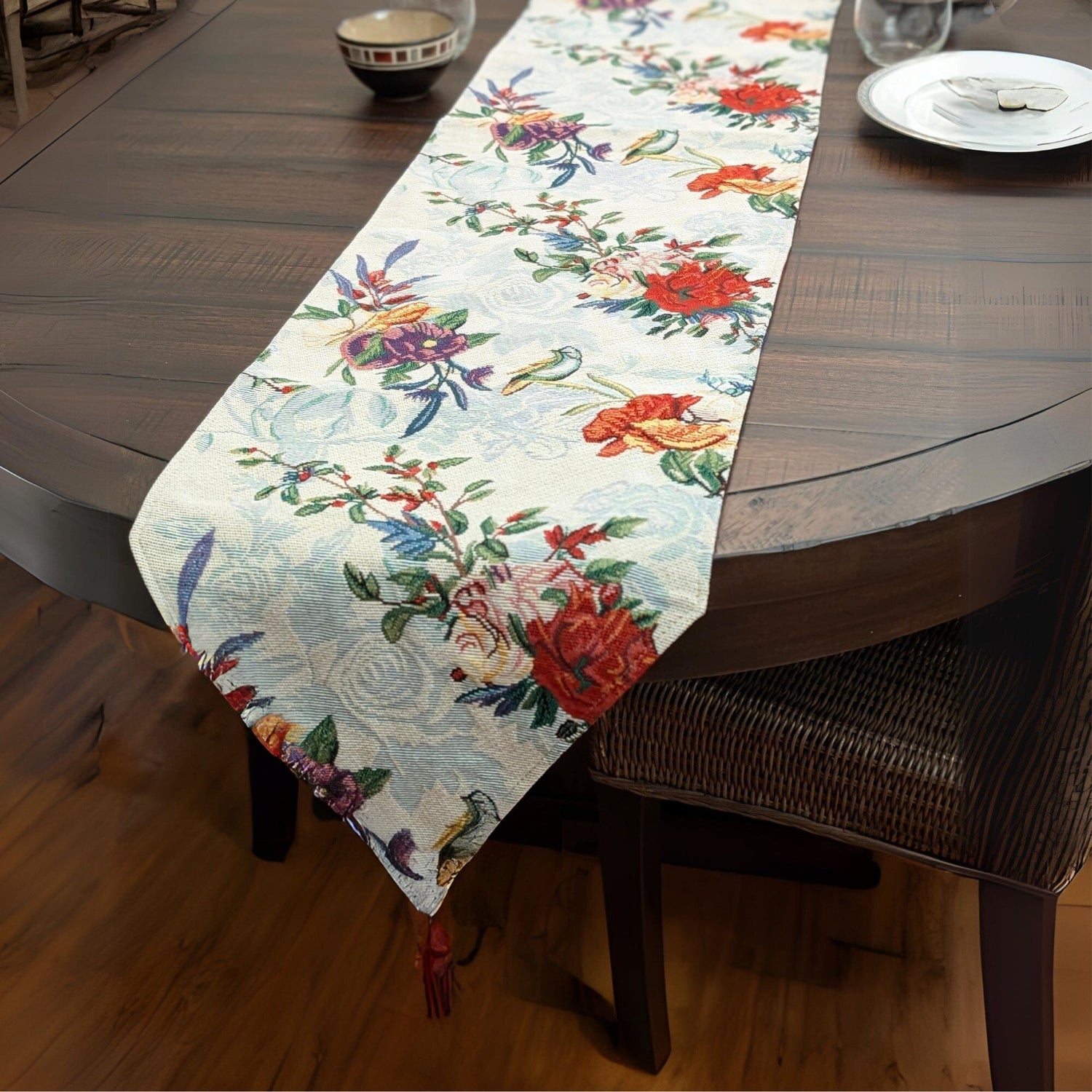 DaDa Bedding Floral Roses Tropical Paradise Birds Woven Tapestry Dining Table Runner (18116) from DaDalogy Bedding Collection