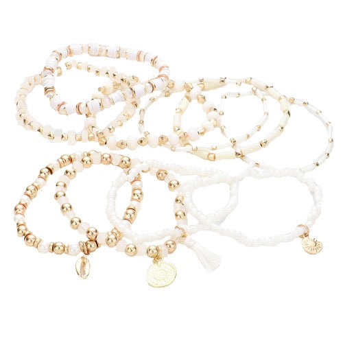 10pcs Pearl Multi Bead Puka Shell Coin Disc Tassel Charm Stretch Layered Stackable Bracelets from Madeline Love