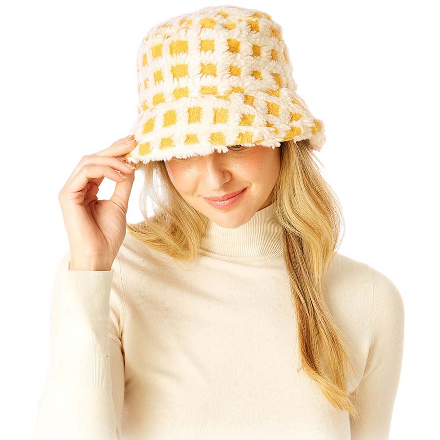 Check Patterned Faux Fur Bucket Hat from Madeline Love