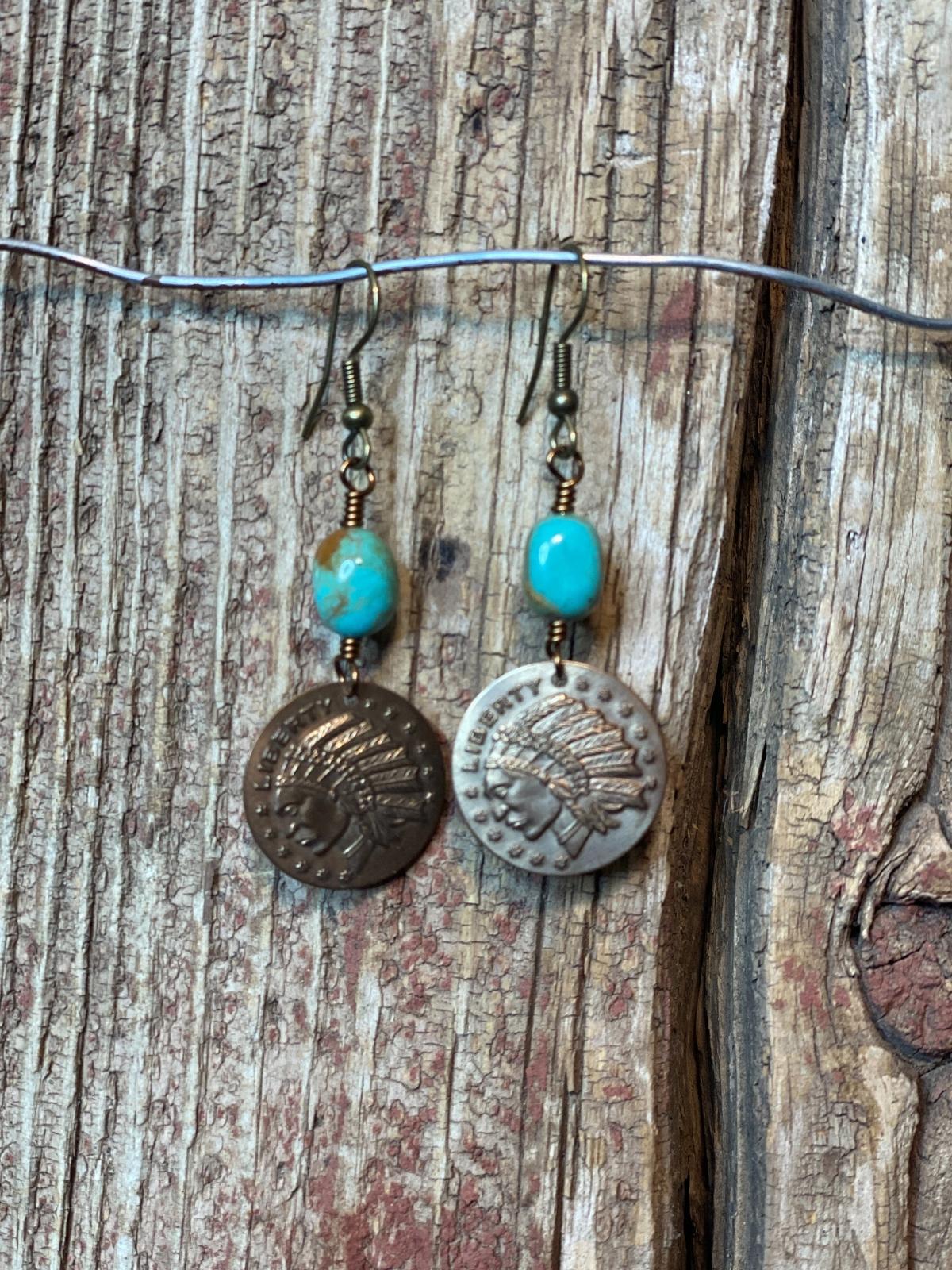 17521 Bronze Indian Coin w/Turquoise Earrings