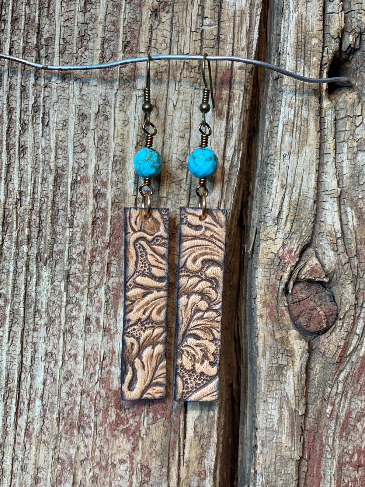 17520 Embossed Leather Rectangle w/Turquoise Earrings