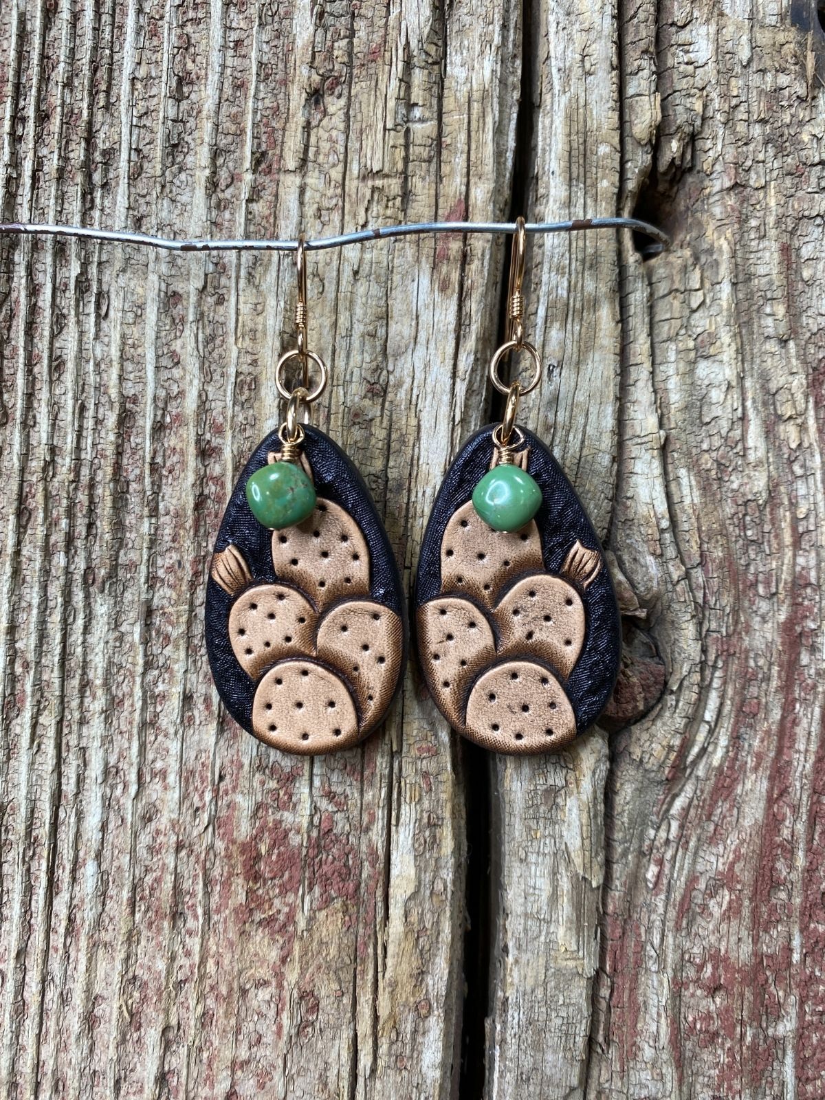 17365 Two Tone Prickly Pear Leather Teardrop Earrings