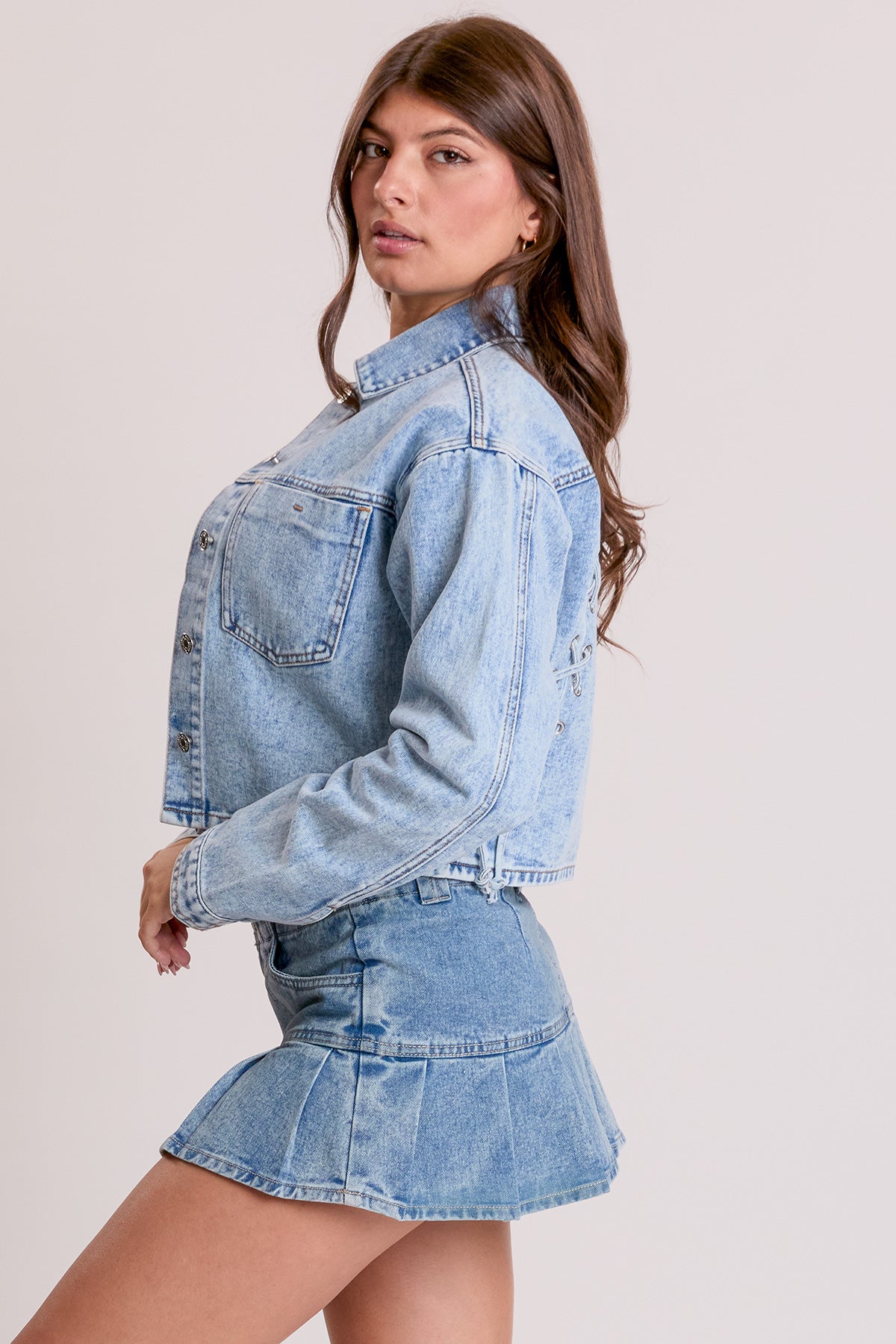 Women's Cropped Lace Up Back Denim Jacket from YMI JEANS
