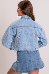 Women's Cropped Lace Up Back Denim Jacket from YMI JEANS
